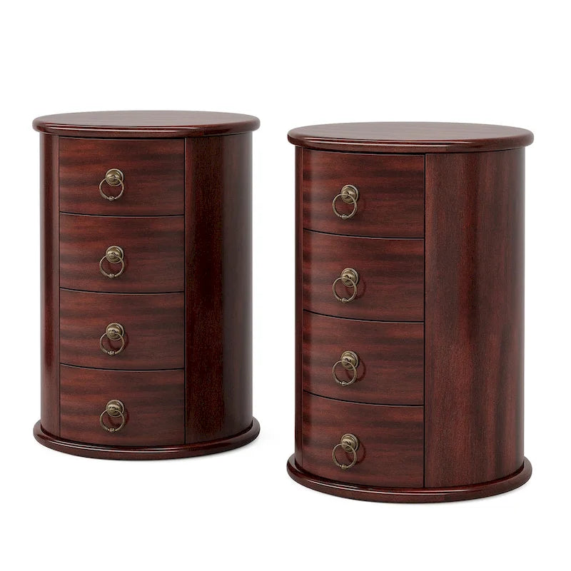 Table d'appoint ronde en bois massif avec 4 tiroirs, poignées à anneaux en bronze vintage, aucun assemblage requis