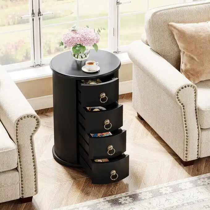 Table d'appoint ronde en bois massif avec 4 tiroirs, poignées à anneaux en bronze vintage, aucun assemblage requis