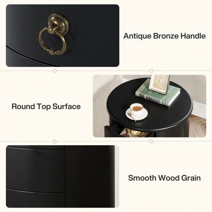 Table d'appoint ronde en bois massif avec 4 tiroirs, poignées à anneaux en bronze vintage, aucun assemblage requis