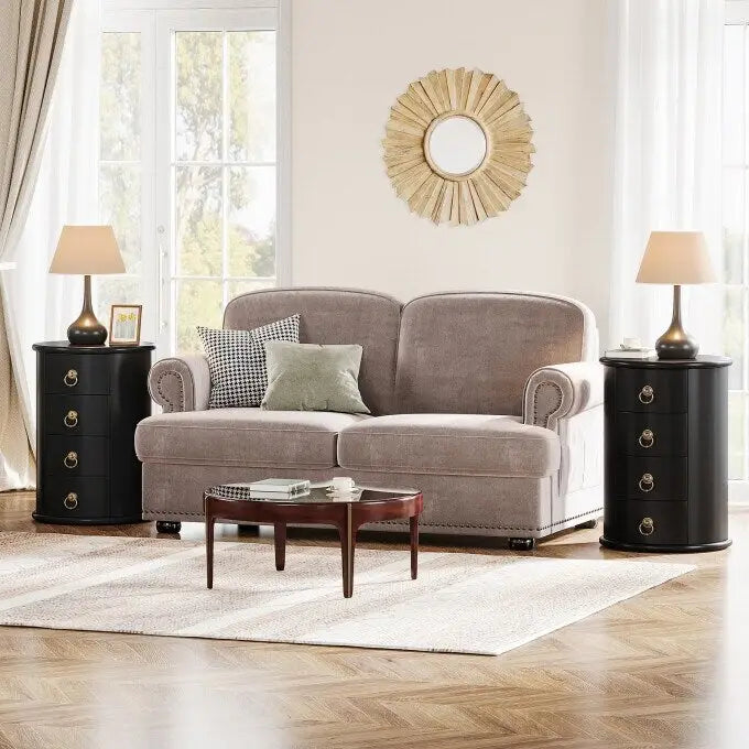 Table d'appoint ronde en bois massif avec 4 tiroirs, poignées à anneaux en bronze vintage, aucun assemblage requis