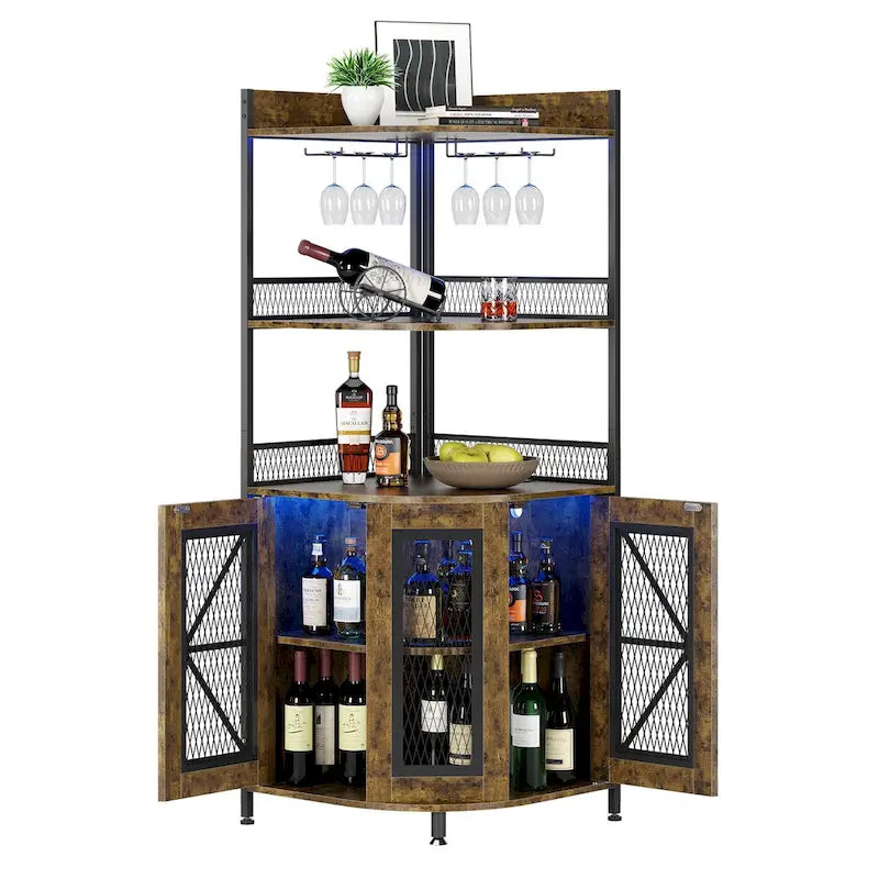 Meuble de bar d'angle à 5 niveaux avec lumières LED et support à verre, Marron