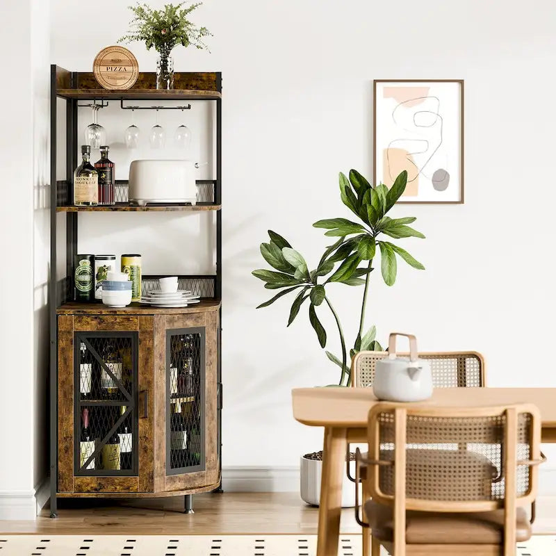 Meuble de bar d'angle à 5 niveaux avec lumières LED et support à verre, Marron
