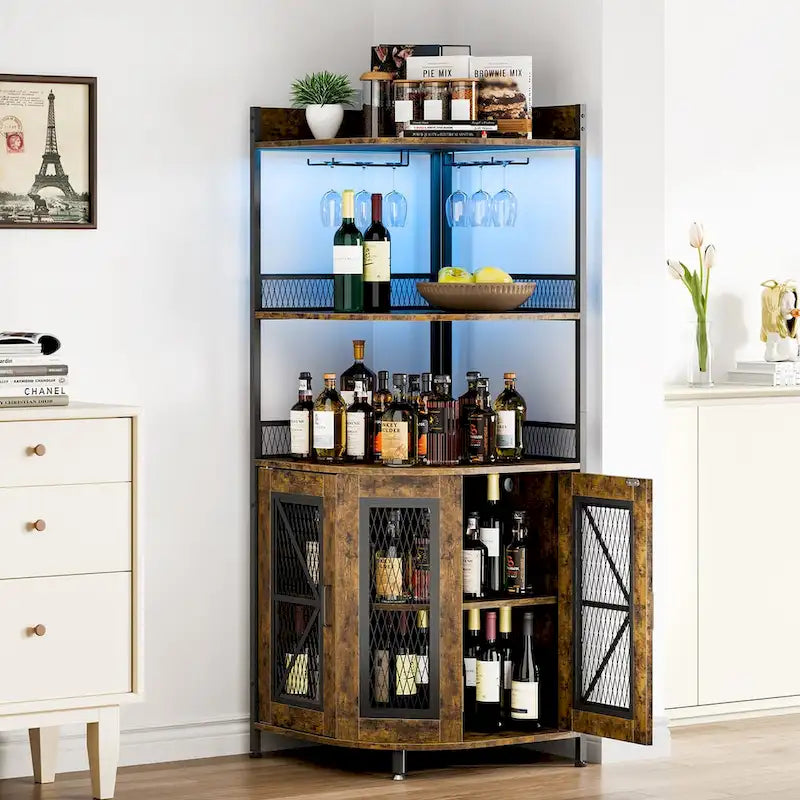 Meuble de bar d'angle à 5 niveaux avec lumières LED et support à verre, Marron