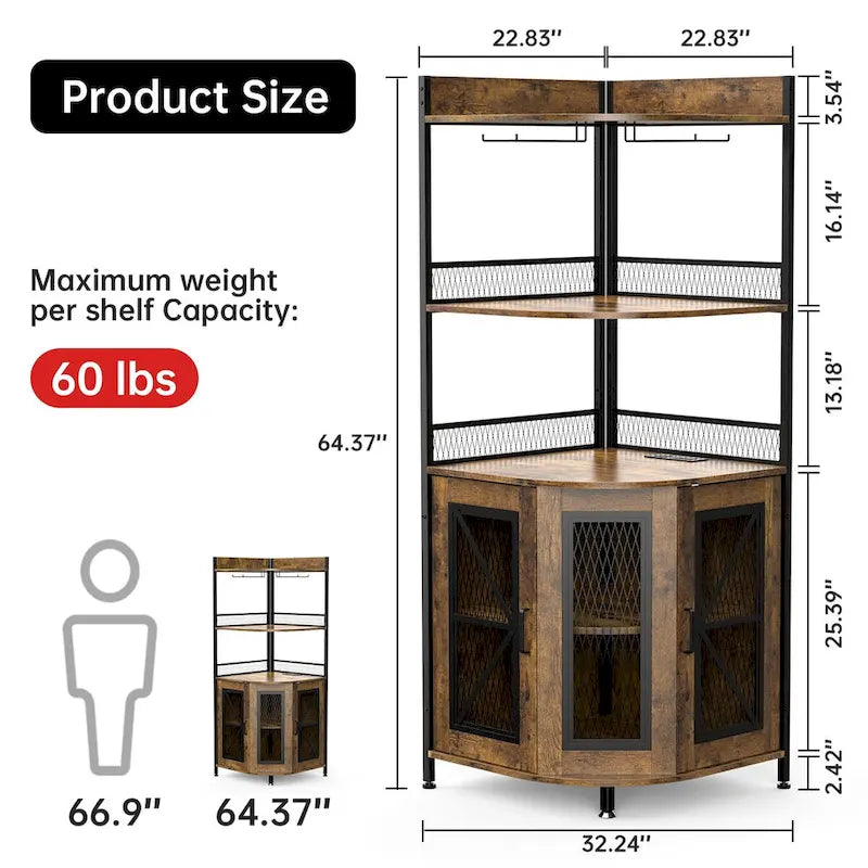 Meuble de bar d'angle à 5 niveaux avec lumières LED et support à verre, Marron