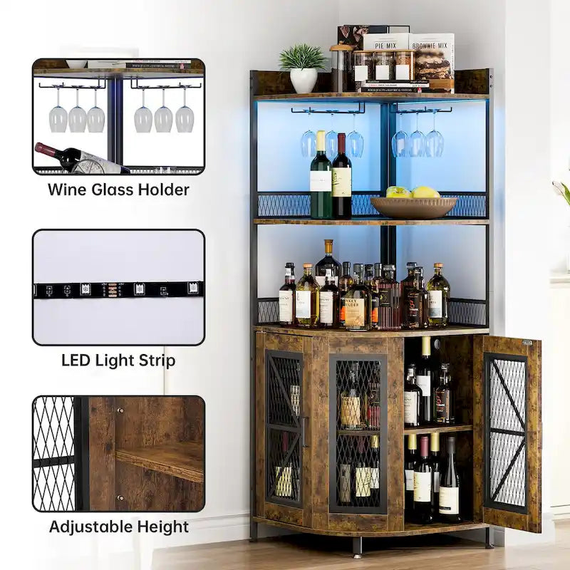 Meuble de bar d'angle à 5 niveaux avec lumières LED et support à verre, Marron