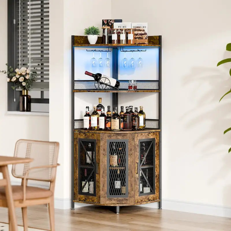Meuble de bar d'angle à 5 niveaux avec lumières LED et support à verre, Marron