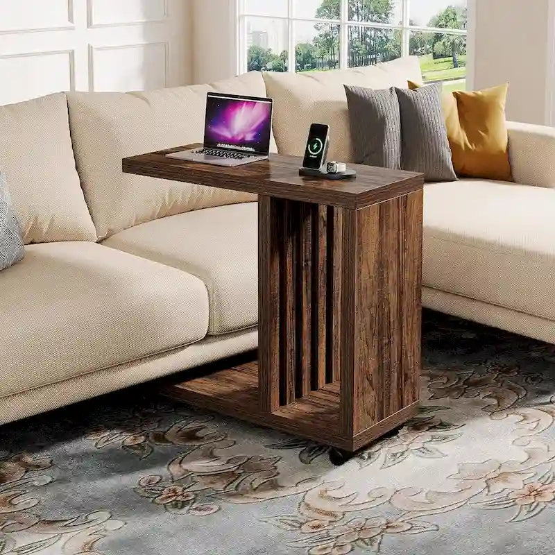 Table d'appoint mobile en C avec roulettes verrouillables et 2 niveaux de rangement, bois marron