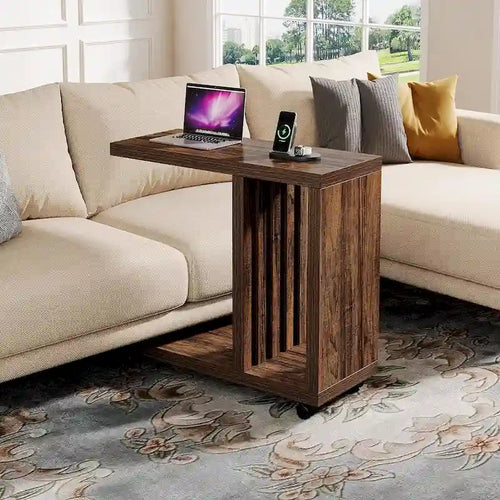 Table d'appoint mobile en C avec roulettes verrouillables et 2 niveaux de rangement, bois marron