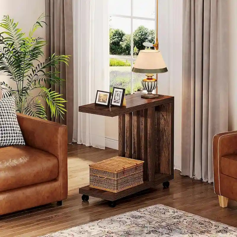 Table d'appoint mobile en C avec roulettes verrouillables et 2 niveaux de rangement, bois marron