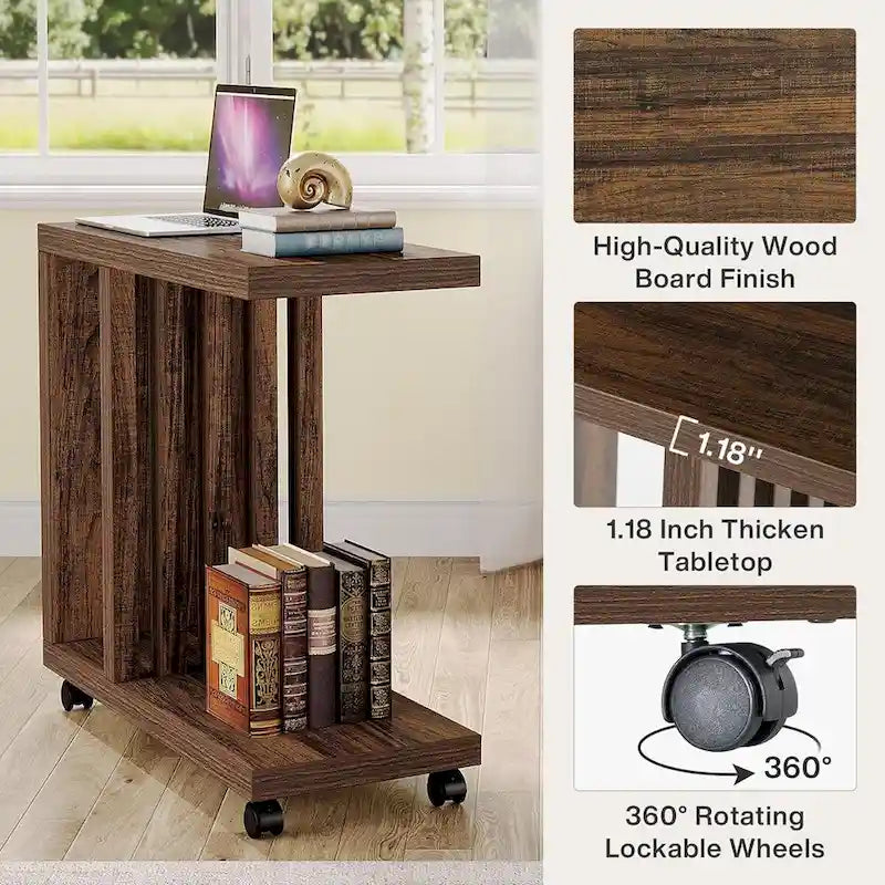 Table d'appoint mobile en C avec roulettes verrouillables et 2 niveaux de rangement, bois marron