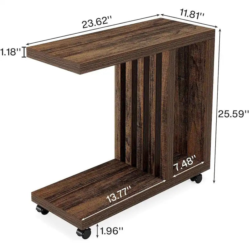 Table d'appoint mobile en C avec roulettes verrouillables et 2 niveaux de rangement, bois marron